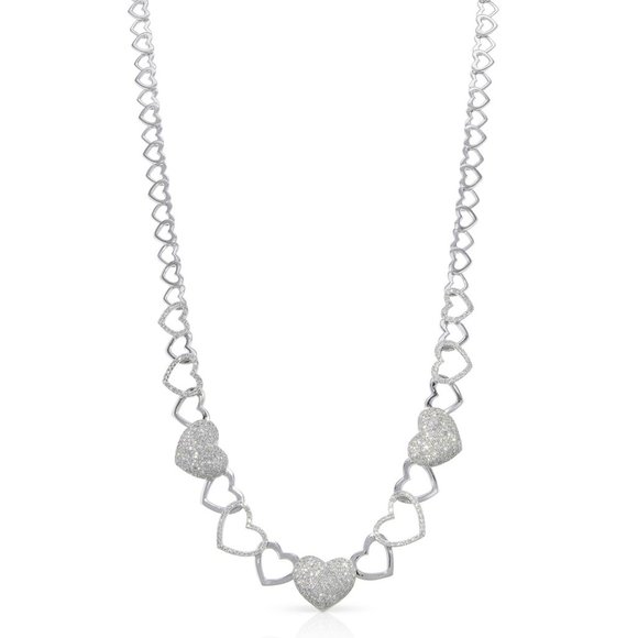 Pave Round Cut Diamond Heart Link Necklace 14K White Gold 2.50Cttw 17 Inches - Picture 1 of 4